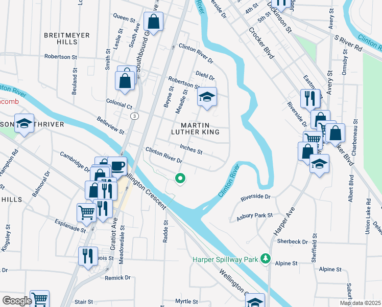 map of restaurants, bars, coffee shops, grocery stores, and more near 61 Inches Street in Mount Clemens