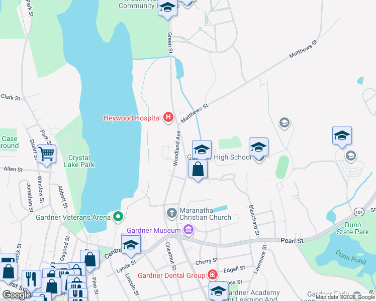 map of restaurants, bars, coffee shops, grocery stores, and more near 185 Green Street in Gardner
