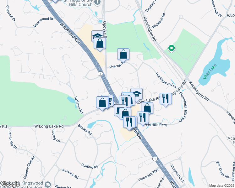 map of restaurants, bars, coffee shops, grocery stores, and more near 40750 Woodward Avenue in Bloomfield Hills