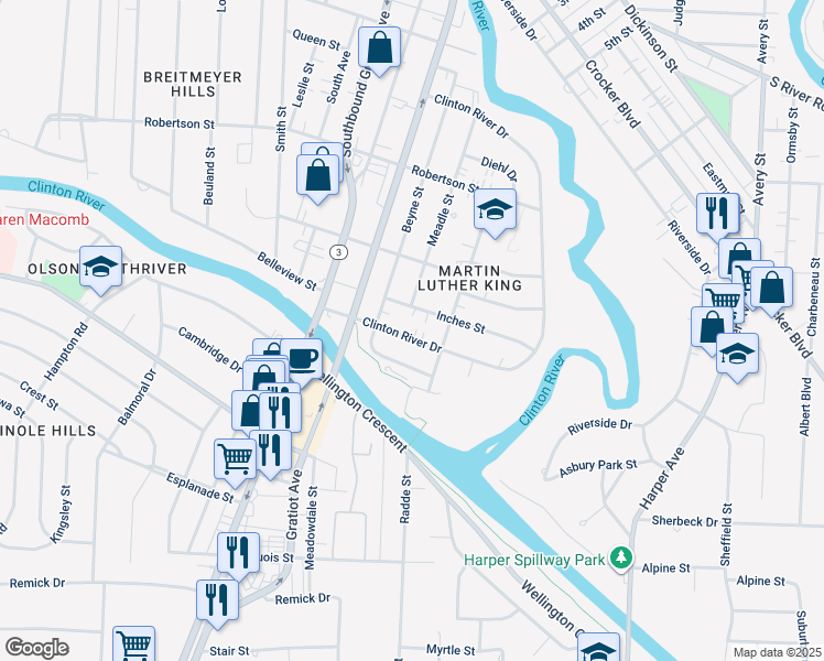 map of restaurants, bars, coffee shops, grocery stores, and more near 716 Clinton River Drive in Mount Clemens