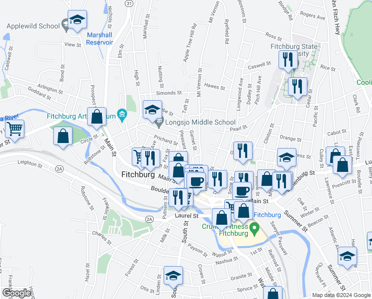 map of restaurants, bars, coffee shops, grocery stores, and more near 6 Garnet Street in Fitchburg