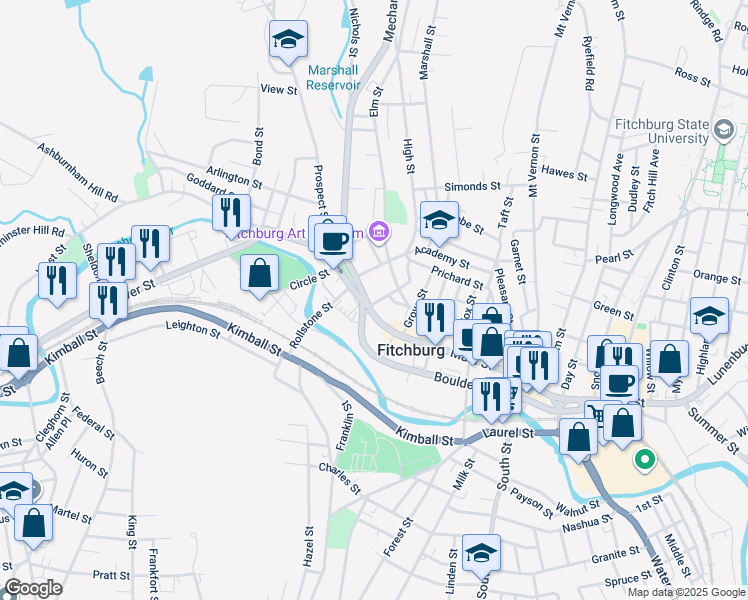 map of restaurants, bars, coffee shops, grocery stores, and more near 15 Central Street in Fitchburg