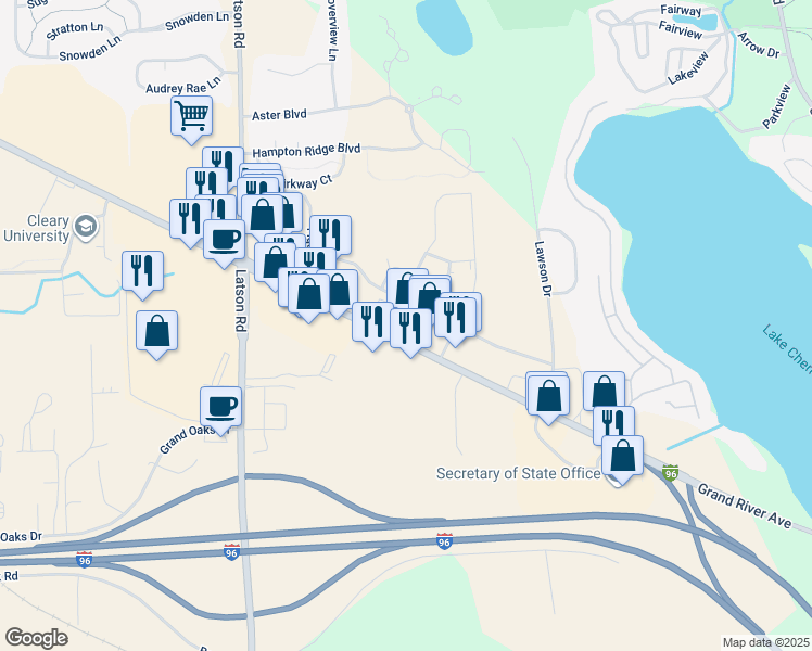 map of restaurants, bars, coffee shops, grocery stores, and more near 1025 Westbury Boulevard in Howell