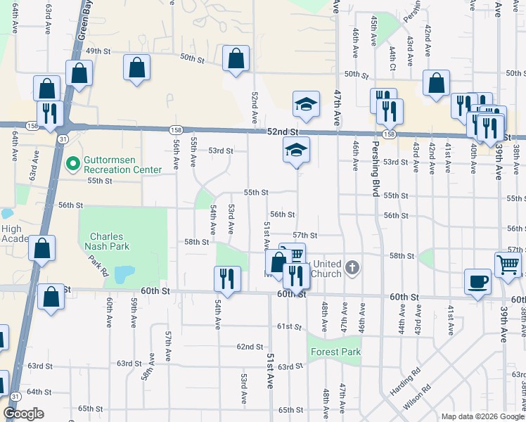 map of restaurants, bars, coffee shops, grocery stores, and more near 5530 51st Ave in Kenosha
