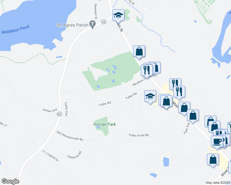map of restaurants, bars, coffee shops, grocery stores, and more near 23 Meadow Drive in Middleton