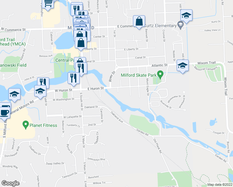 map of restaurants, bars, coffee shops, grocery stores, and more near 331 River Wood Trail in Milford Charter Township