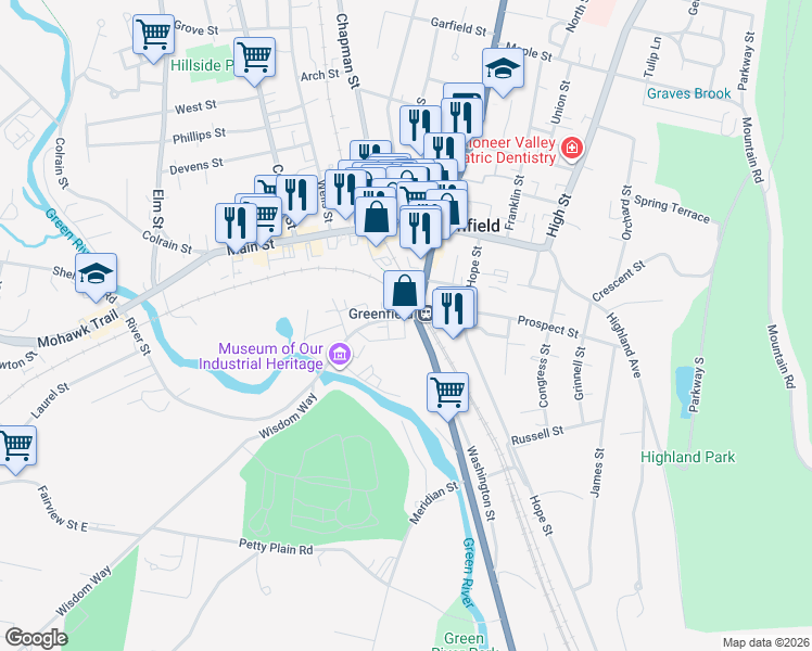 map of restaurants, bars, coffee shops, grocery stores, and more near 4 Mill Street in Greenfield