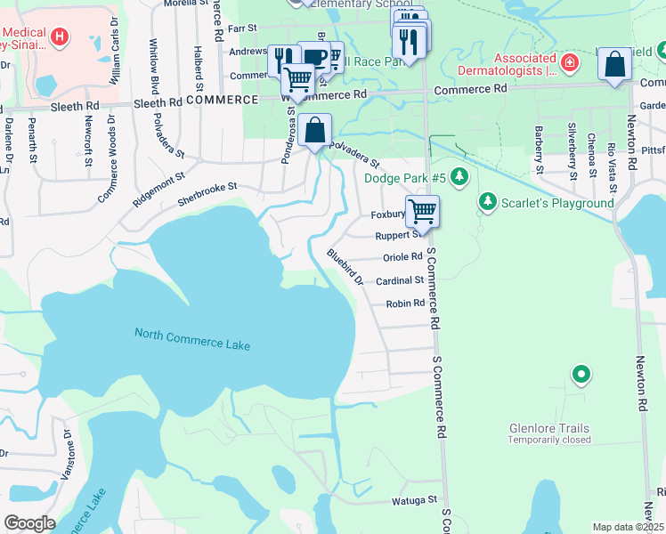 map of restaurants, bars, coffee shops, grocery stores, and more near 4305 Bluebird Drive in Commerce charter Township