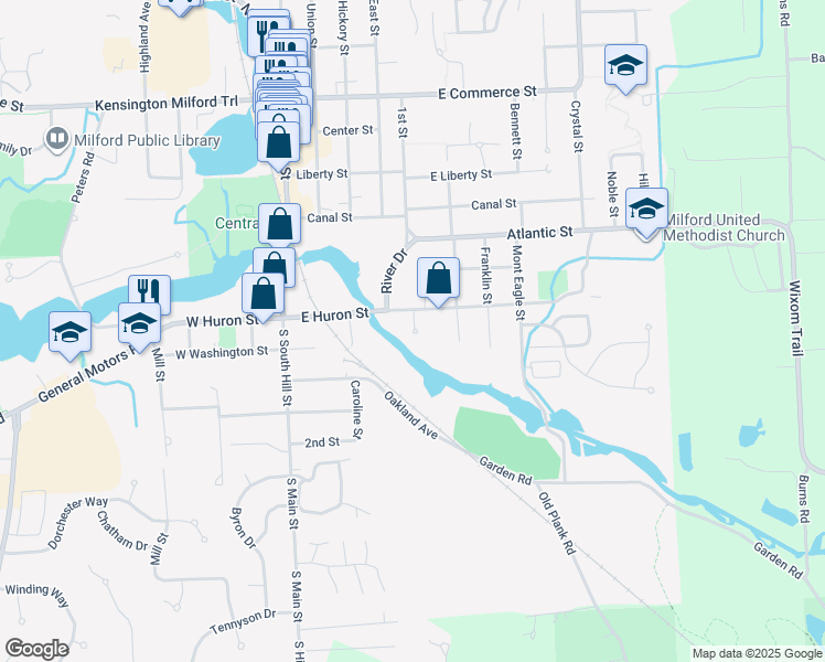 map of restaurants, bars, coffee shops, grocery stores, and more near 331 River Wood Trail in Milford Charter Township