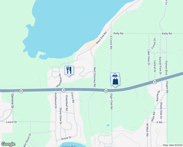 map of restaurants, bars, coffee shops, grocery stores, and more near 92 Red Chimney Road in Lake Geneva