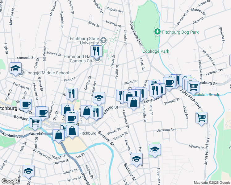 map of restaurants, bars, coffee shops, grocery stores, and more near 13 Pacific Street in Fitchburg