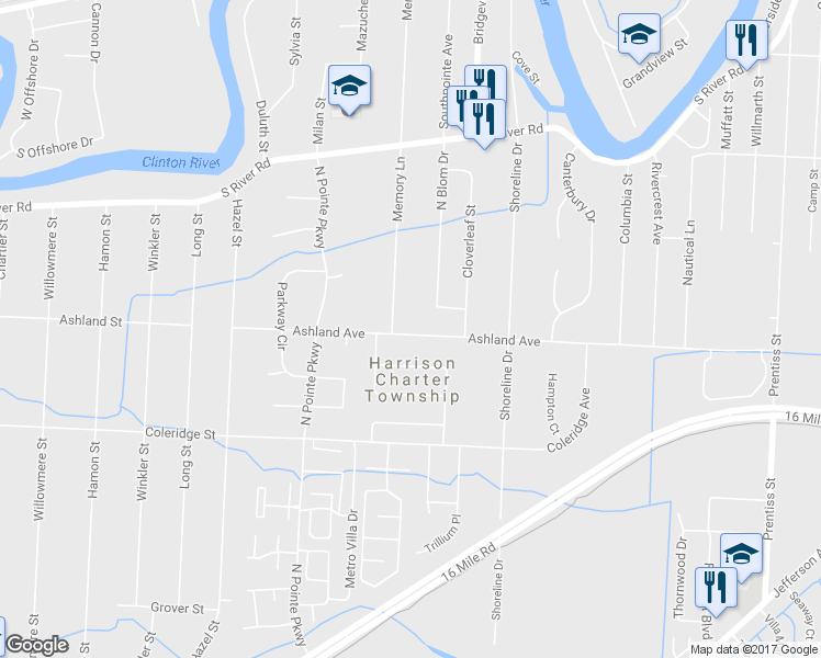 map of restaurants, bars, coffee shops, grocery stores, and more near 39010 Memory Lane in Harrison charter Township