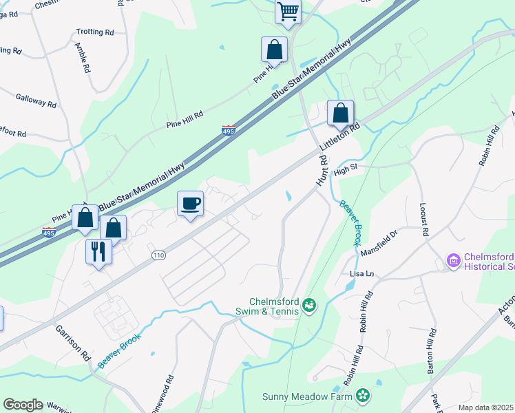 map of restaurants, bars, coffee shops, grocery stores, and more near 256 Massachusetts 110 in Chelmsford