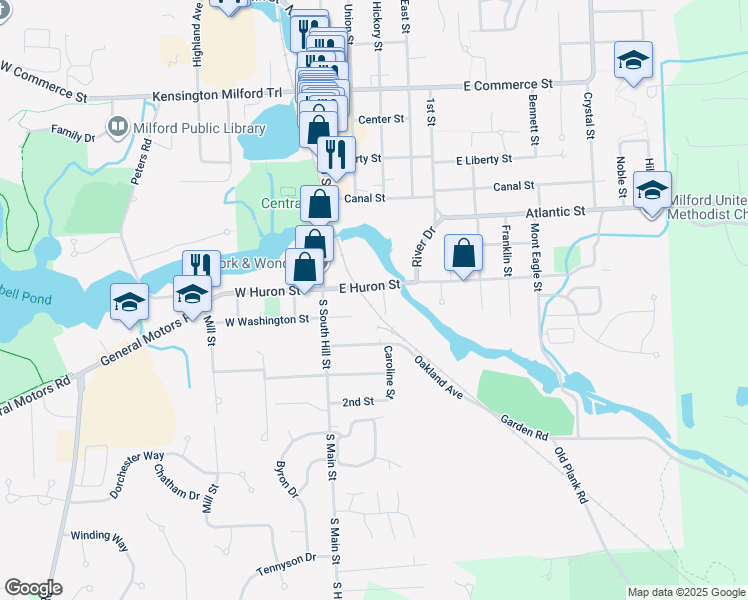map of restaurants, bars, coffee shops, grocery stores, and more near 320 East Huron Street in Milford Charter Township