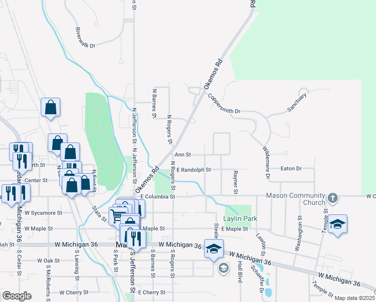 map of restaurants, bars, coffee shops, grocery stores, and more near 327 Ann Street in Mason