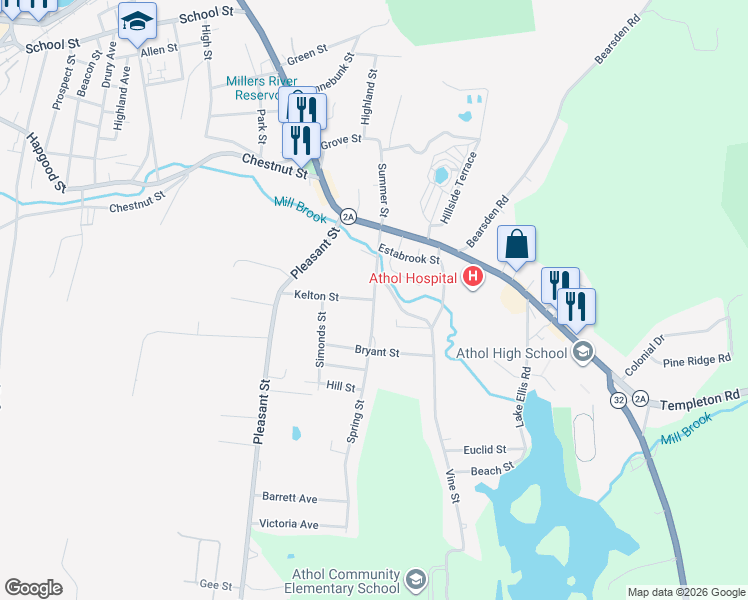 map of restaurants, bars, coffee shops, grocery stores, and more near 160 Spring Street in Athol