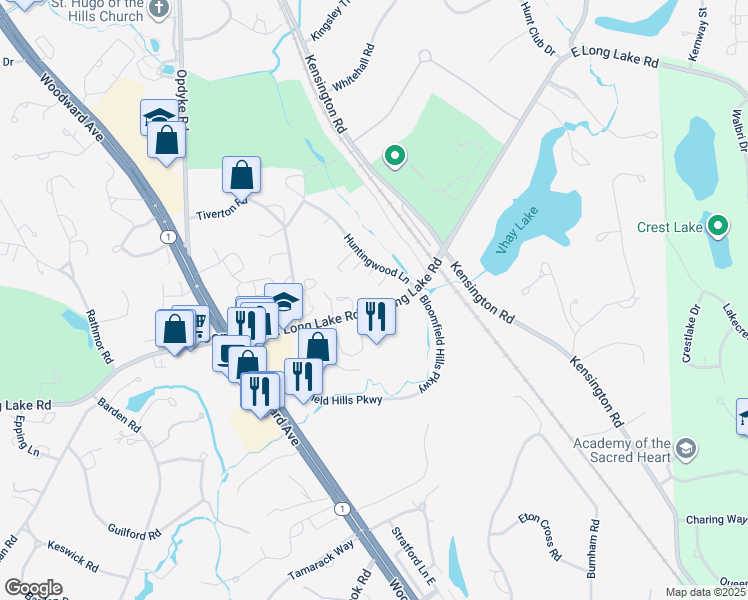 map of restaurants, bars, coffee shops, grocery stores, and more near 221 East Long Lake Road in Bloomfield Hills