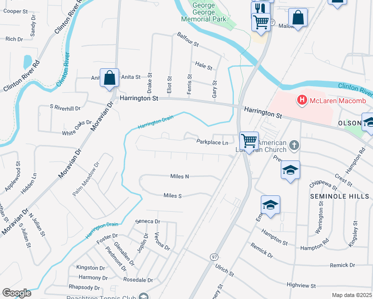 map of restaurants, bars, coffee shops, grocery stores, and more near 21025 Oak Ridge Drive in Clinton Township