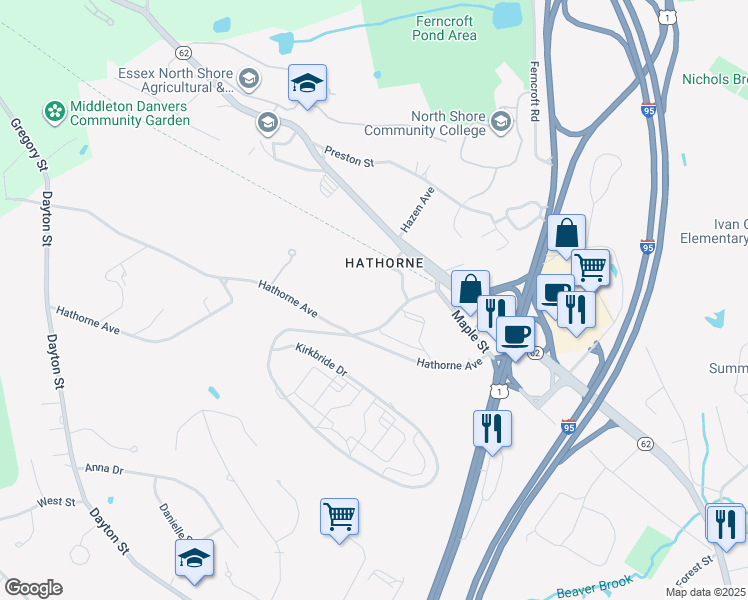 map of restaurants, bars, coffee shops, grocery stores, and more near 15 Kirkbride Drive in Danvers