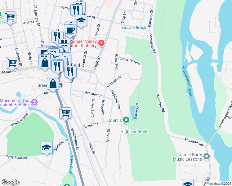 map of restaurants, bars, coffee shops, grocery stores, and more near 25 Highland Avenue in Greenfield
