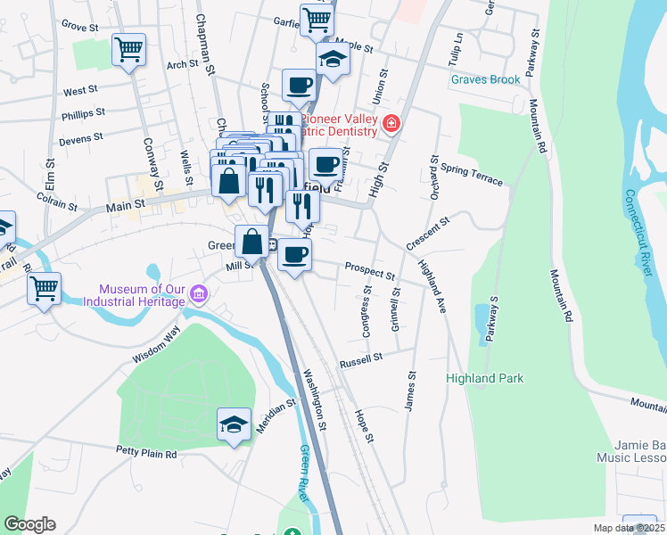 map of restaurants, bars, coffee shops, grocery stores, and more near 30 Prospect Street in Greenfield