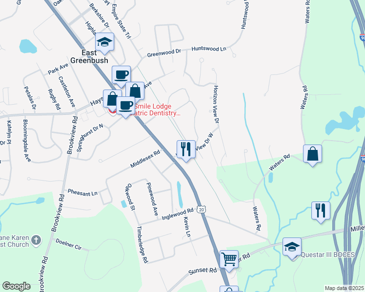 map of restaurants, bars, coffee shops, grocery stores, and more near 24 Horizon View Drive West in East Greenbush