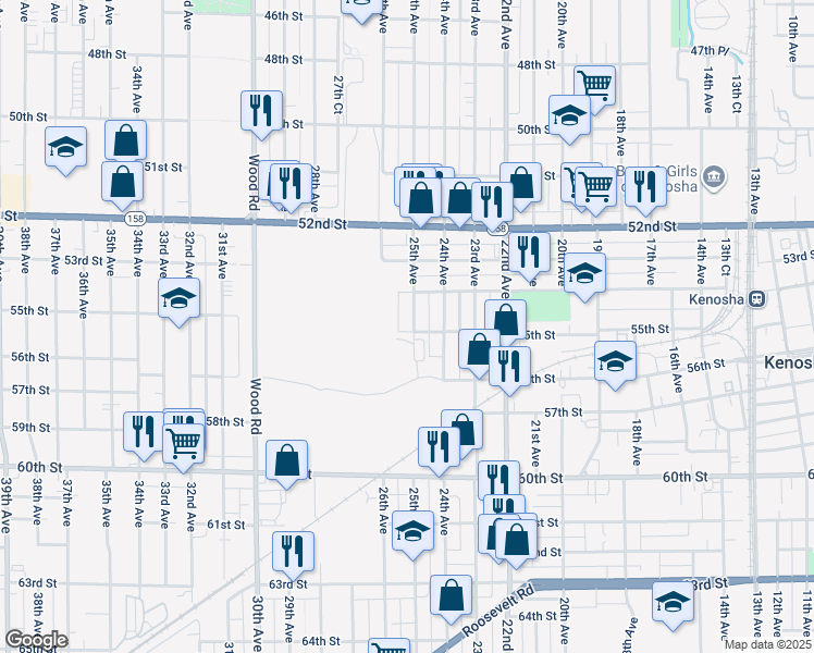 map of restaurants, bars, coffee shops, grocery stores, and more near 2510 55th Street in Kenosha