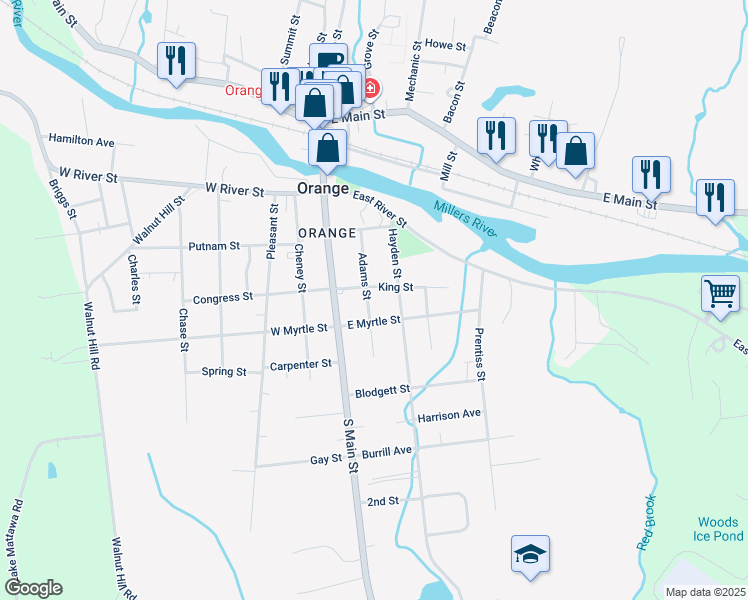 map of restaurants, bars, coffee shops, grocery stores, and more near 63 Adams Street in Orange