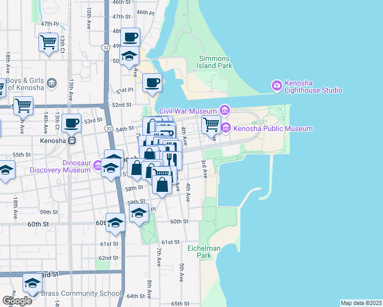 map of restaurants, bars, coffee shops, grocery stores, and more near 339 56th Street in Kenosha
