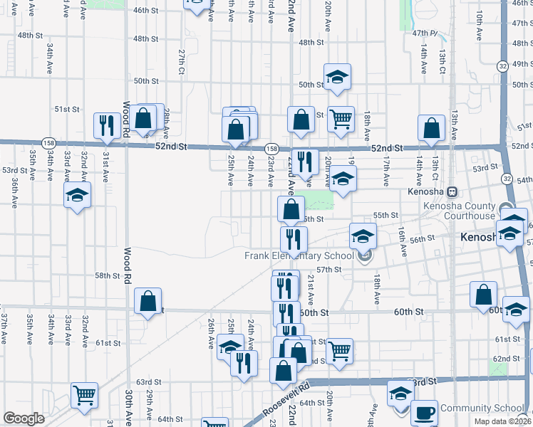 map of restaurants, bars, coffee shops, grocery stores, and more near 5432 23rd Avenue in Kenosha