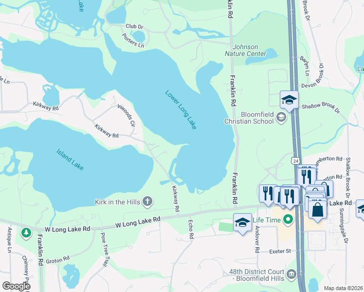 map of restaurants, bars, coffee shops, grocery stores, and more near 1356 Kirkway Road in Bloomfield Hills