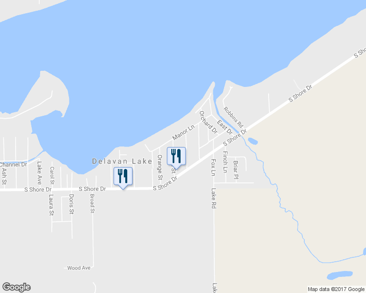 map of restaurants, bars, coffee shops, grocery stores, and more near 4205 Pleasant Street in Delavan