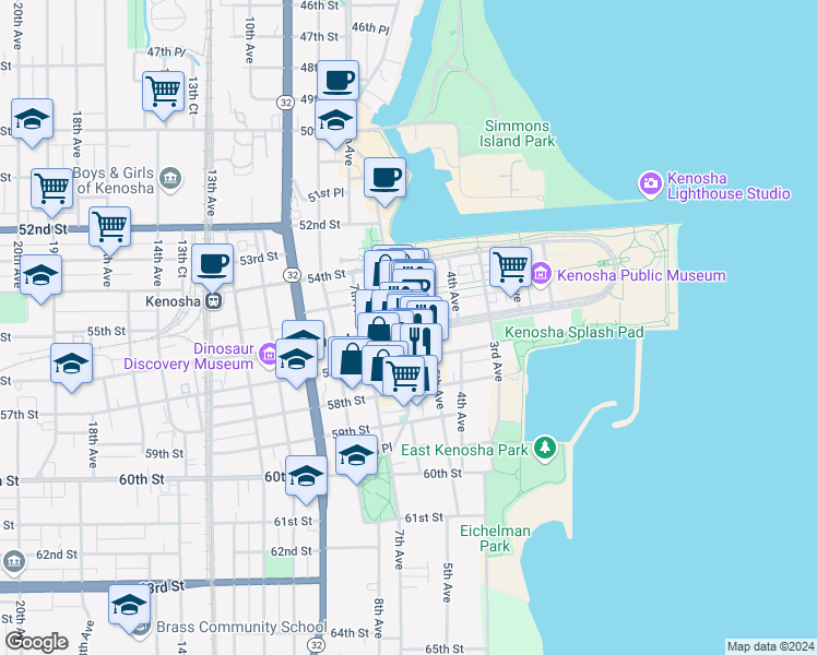 map of restaurants, bars, coffee shops, grocery stores, and more near 522 56th Street in Kenosha
