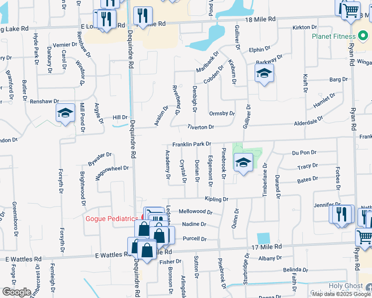 map of restaurants, bars, coffee shops, grocery stores, and more near 2310 Franklin Park Drive in Sterling Heights