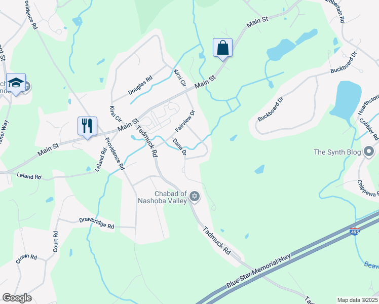 map of restaurants, bars, coffee shops, grocery stores, and more near 6 Dana Drive in Westford