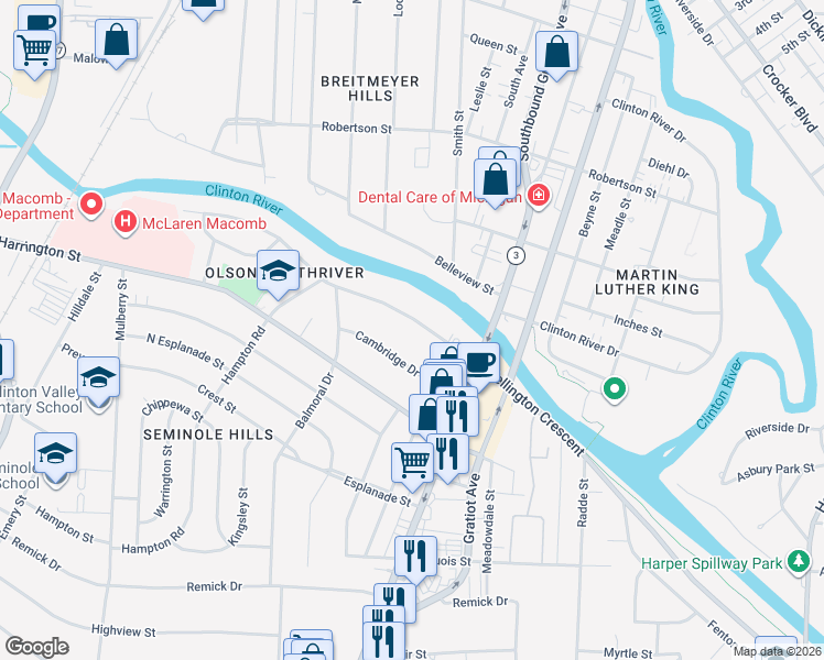 map of restaurants, bars, coffee shops, grocery stores, and more near 267 Wellington Crescent in Mount Clemens