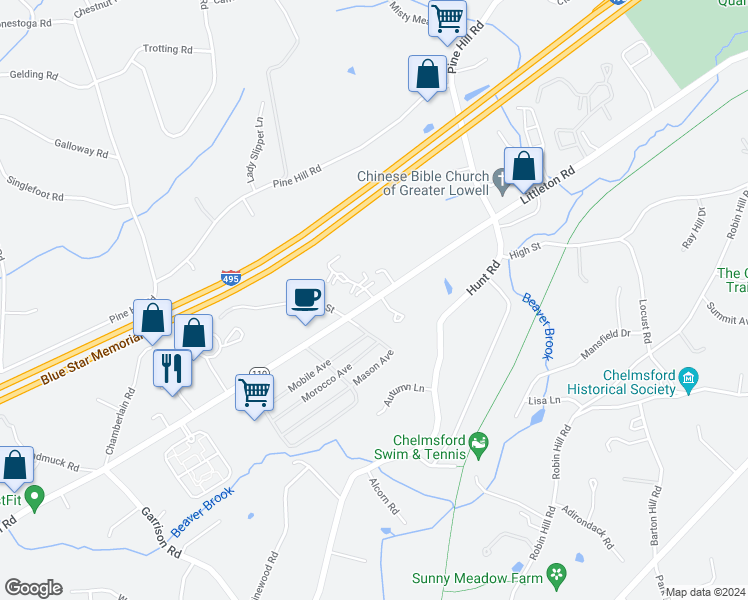 map of restaurants, bars, coffee shops, grocery stores, and more near 222 Littleton Road in Chelmsford