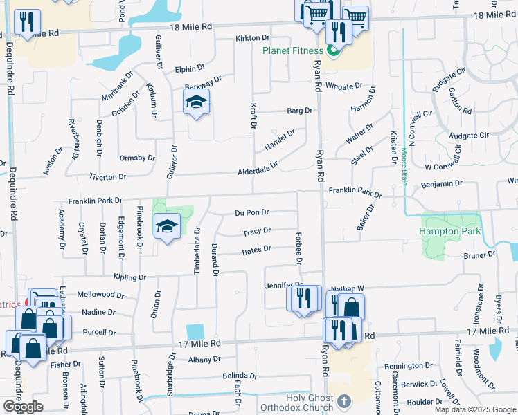 map of restaurants, bars, coffee shops, grocery stores, and more near 3519 Du Pon Drive in Sterling Heights