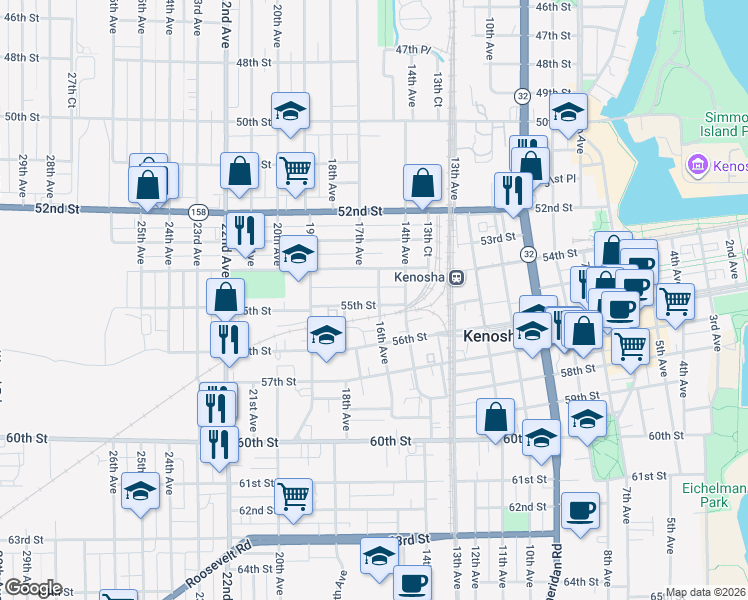map of restaurants, bars, coffee shops, grocery stores, and more near 5432 16th Avenue in Kenosha