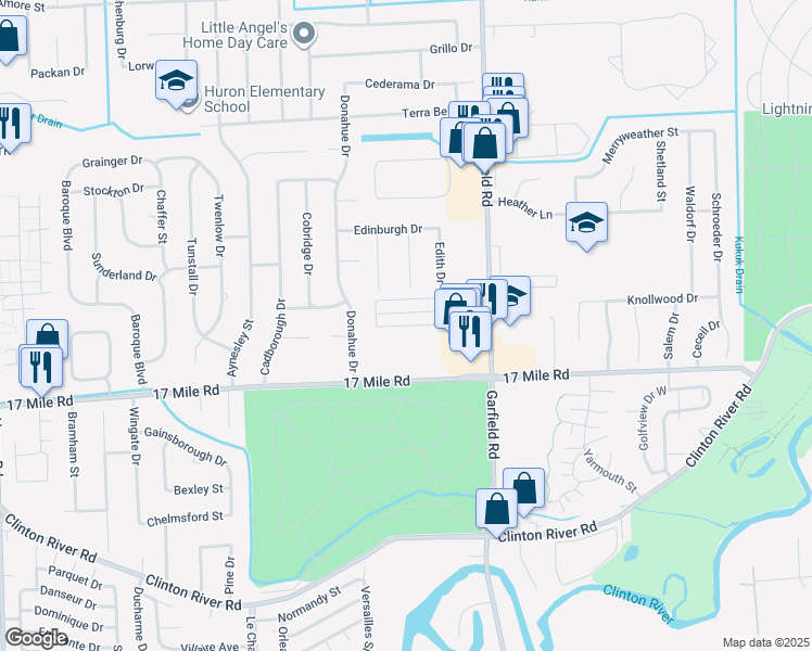 map of restaurants, bars, coffee shops, grocery stores, and more near Ventura Circle in Charter Township of Clinton