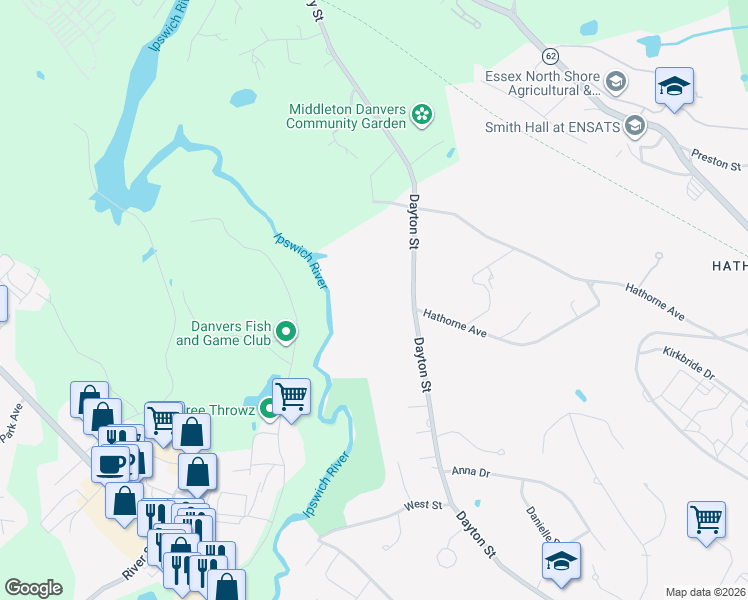 map of restaurants, bars, coffee shops, grocery stores, and more near 200 Dayton Street in Danvers