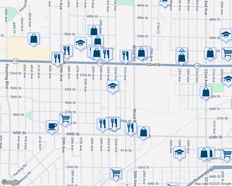 map of restaurants, bars, coffee shops, grocery stores, and more near 5520 32nd Avenue in Kenosha