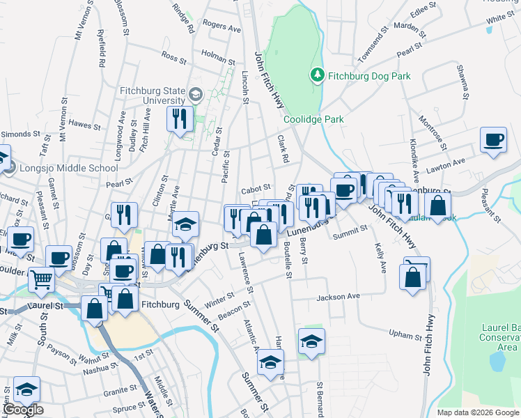 map of restaurants, bars, coffee shops, grocery stores, and more near 44 Lincoln Street in Fitchburg