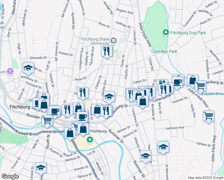 map of restaurants, bars, coffee shops, grocery stores, and more near 14 Cedar Street in Fitchburg