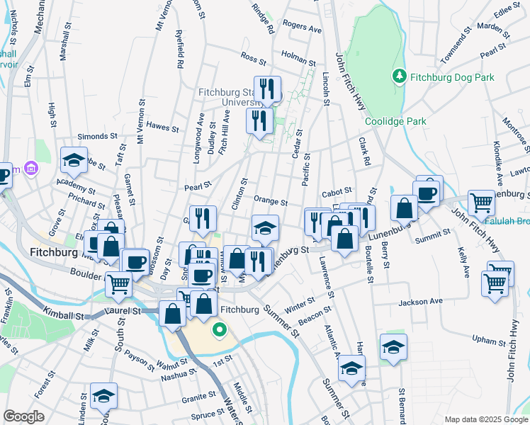 map of restaurants, bars, coffee shops, grocery stores, and more near 96 Myrtle Avenue in Fitchburg