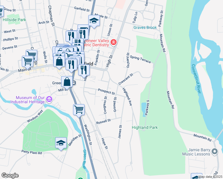 map of restaurants, bars, coffee shops, grocery stores, and more near 50 Prospect Street in Greenfield