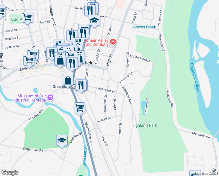 map of restaurants, bars, coffee shops, grocery stores, and more near 50 Prospect Street in Greenfield