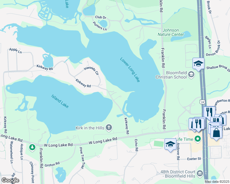 map of restaurants, bars, coffee shops, grocery stores, and more near 3018 West Ridge Court in Bloomfield Township