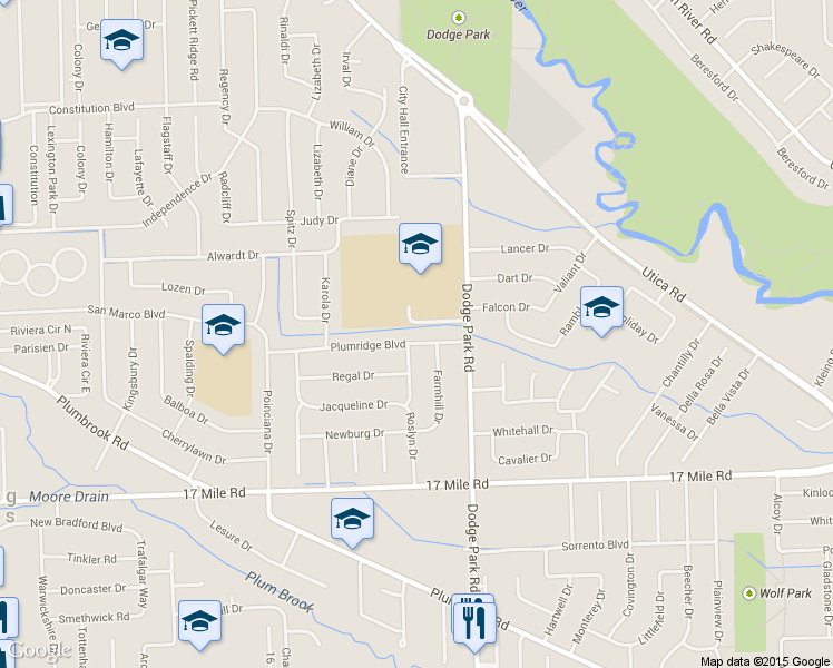 map of restaurants, bars, coffee shops, grocery stores, and more near 11405 Plumridge Boulevard in Sterling Heights