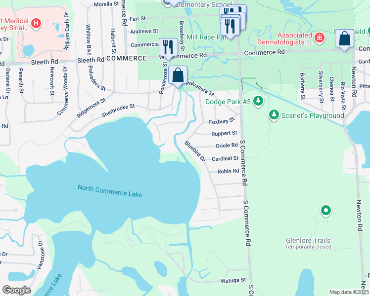 map of restaurants, bars, coffee shops, grocery stores, and more near 4305 Bluebird Drive in Commerce Charter Township